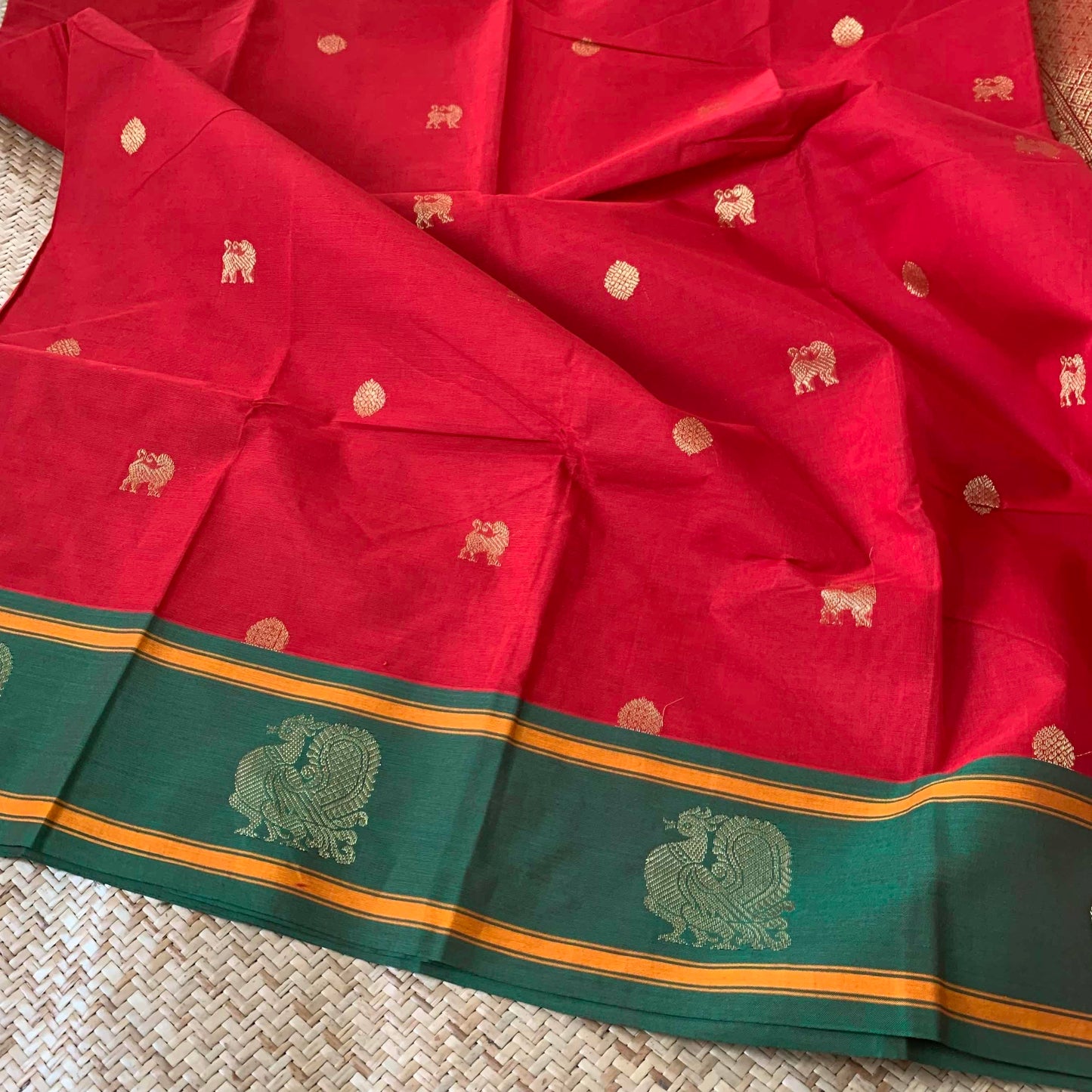 Kanchipuram Cotton Saree, Red Saree With Green Border with Grand Pallu and Yazhi Chakkaram Butta