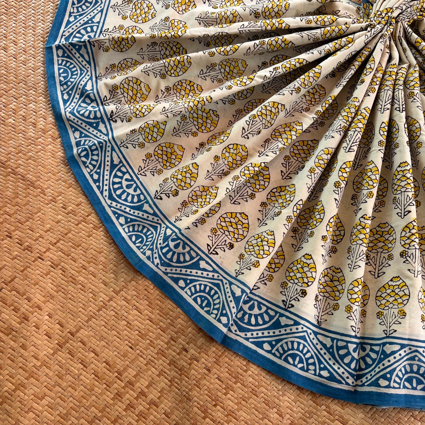 Mul Mul Cotton saree, Hand Block Printed, Beige