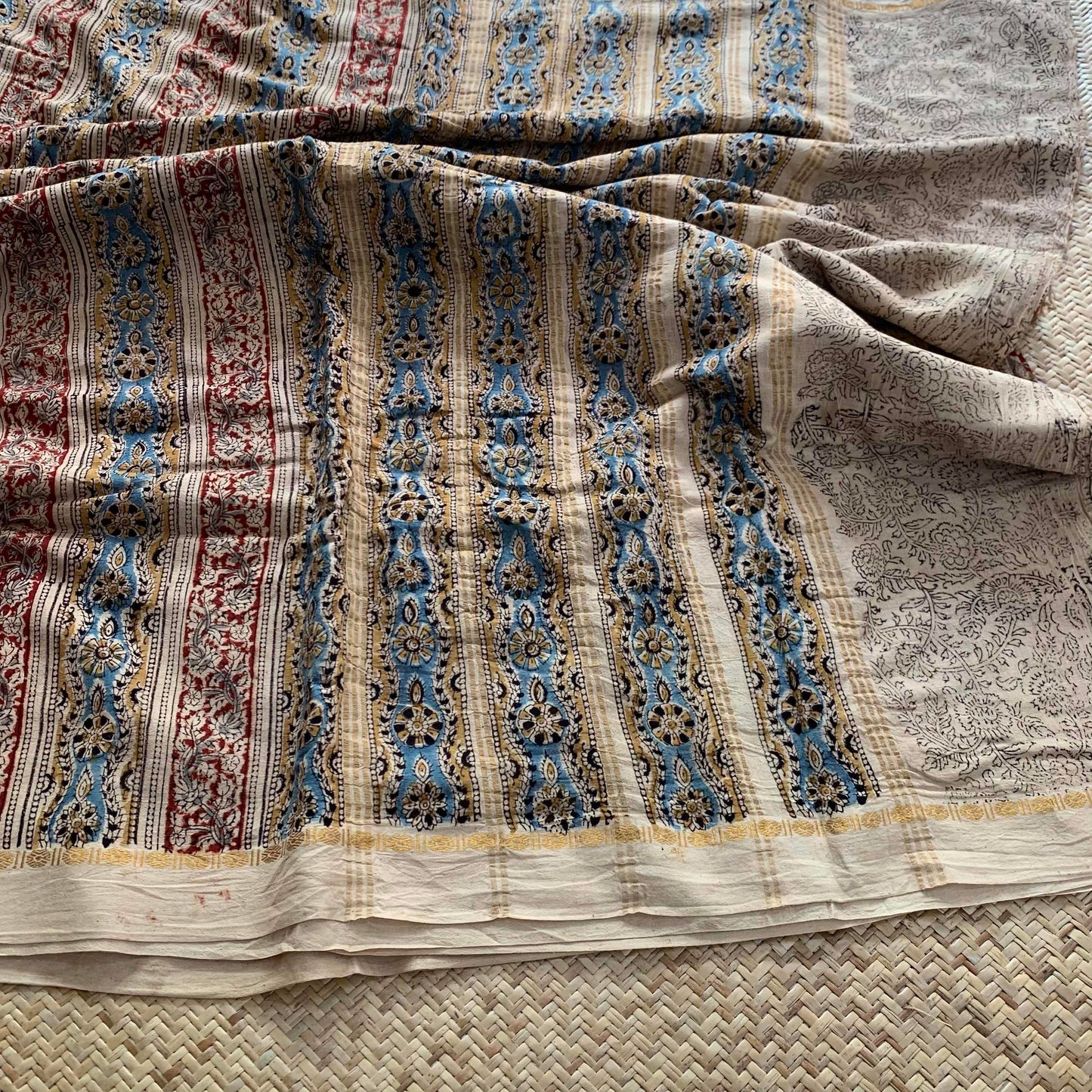 10.5 yards Red, Kalamkari Hand Block Printed On Madurai Cotton Saree With Zari