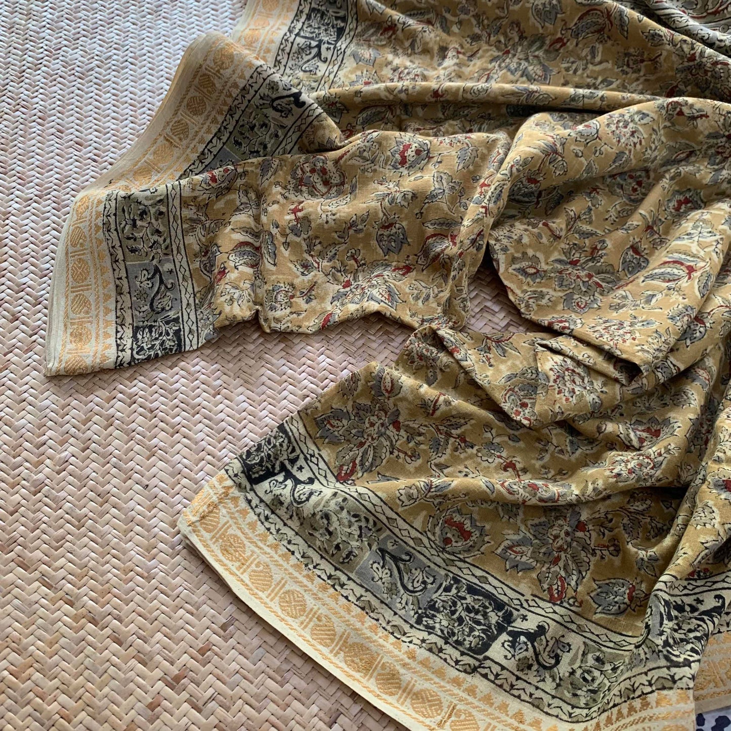 Mustard , Kalamkari Hand Block Printed On Madurai Cotton Saree With Zari