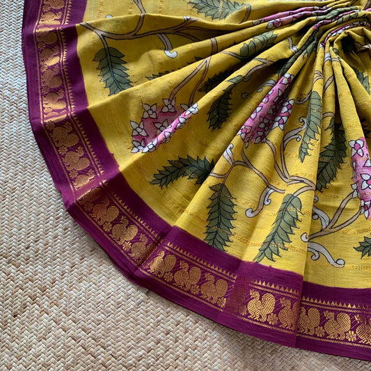 Mustard Kalamkari Hand Painted on a Madurai Velthari Sungudi Cotton saree.