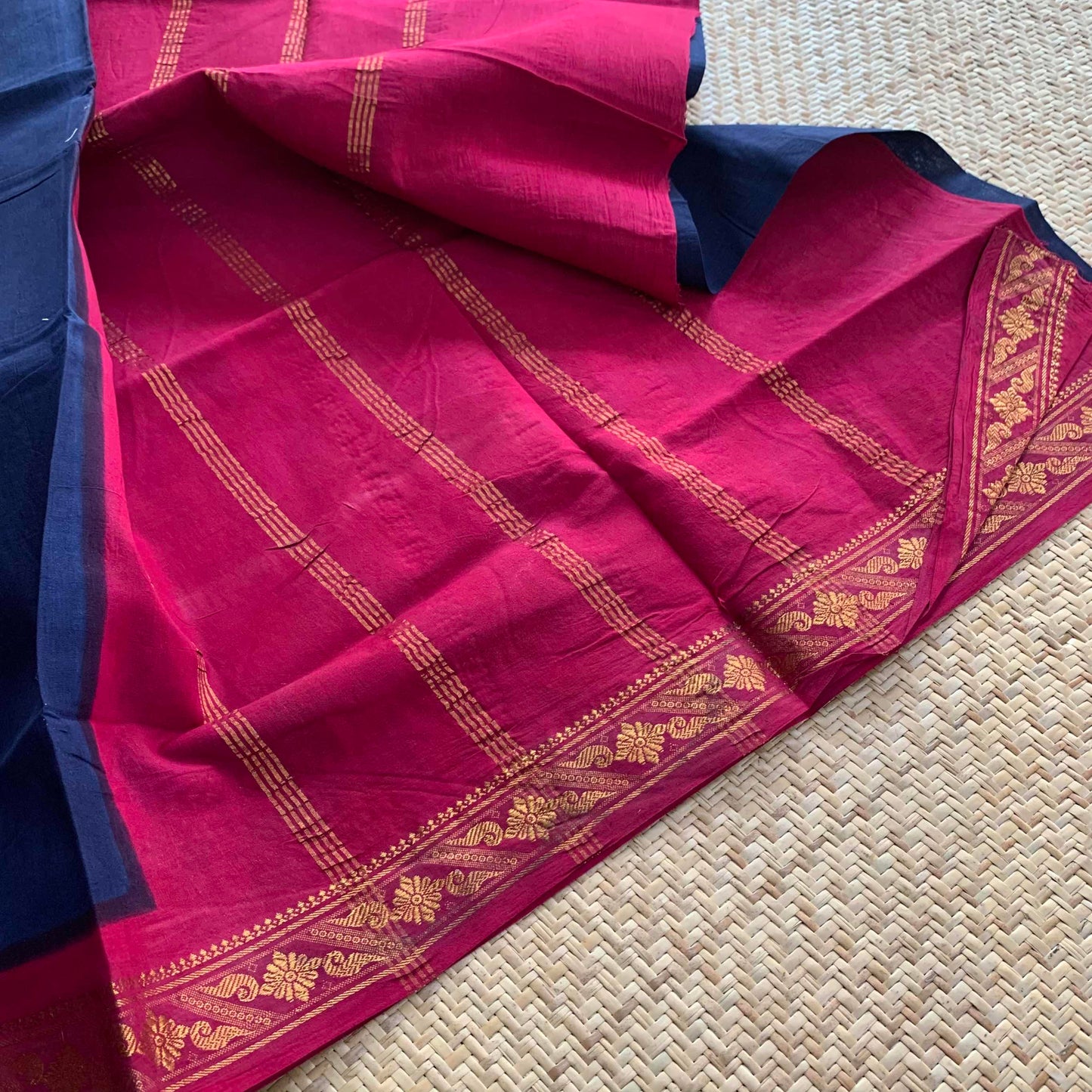 Navy Blue Saree With Pink Half Fine Zari Border, Clamp dyed (Kattu sayam).