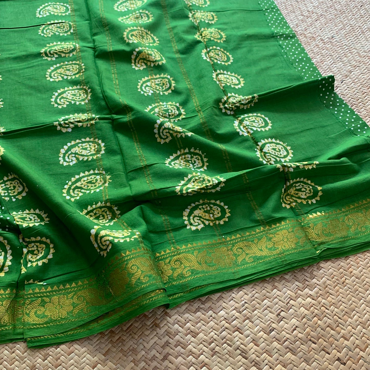 Green Hand Crafted wax print Sungudi Mul Mul Cotton Saree