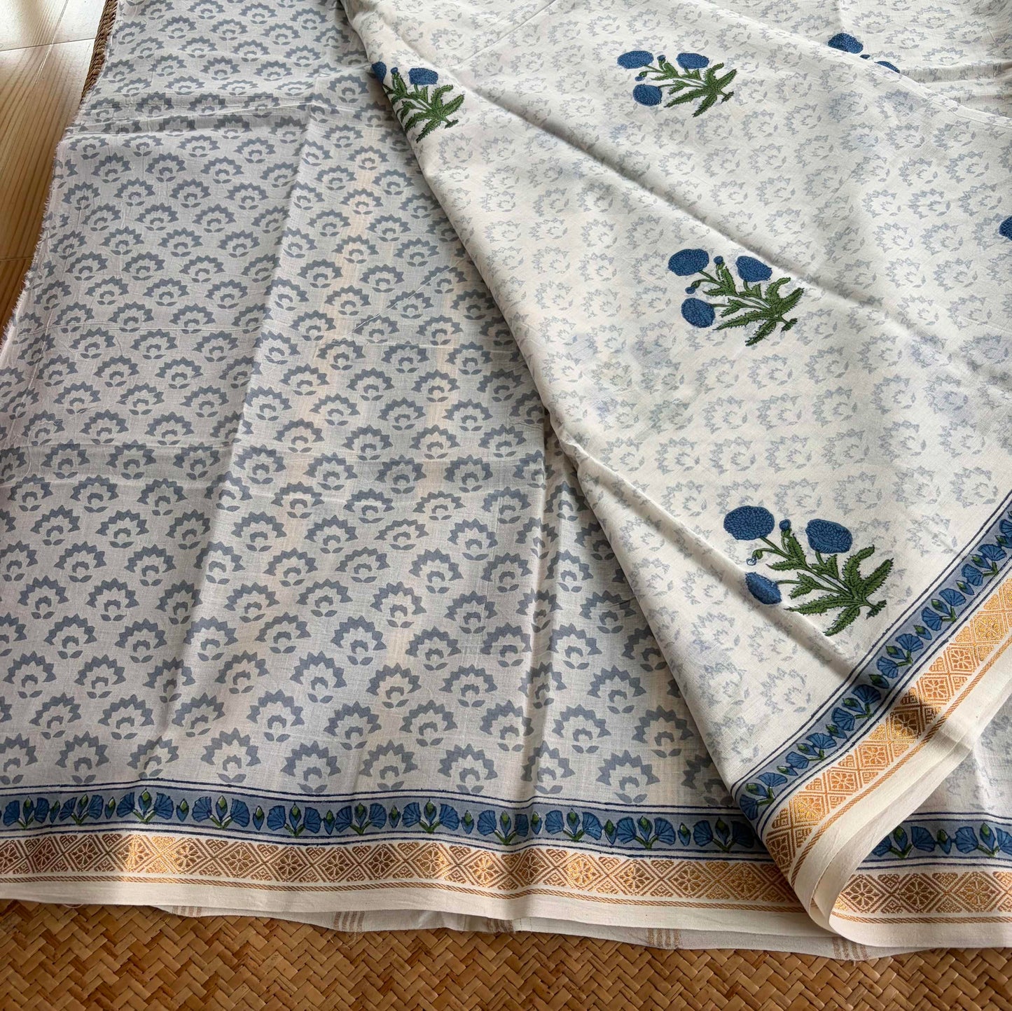 White, Jaipur Hand Block Printed On Madurai Cotton Saree With Zari