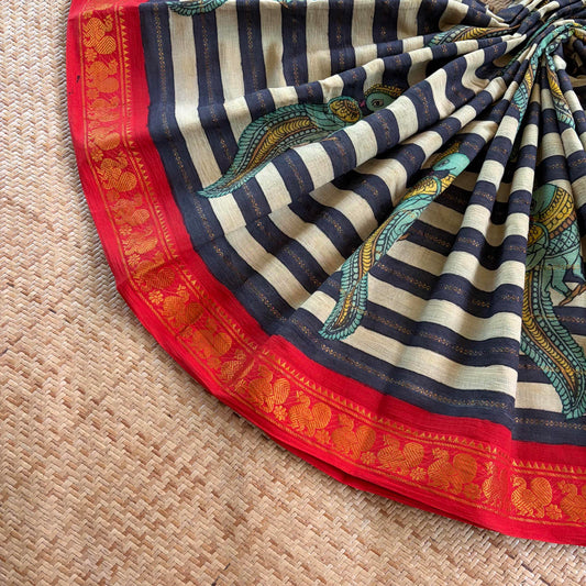 Multicoloured Kalamkari Hand Painted on a Madurai Velthari Sungudi Cotton saree.