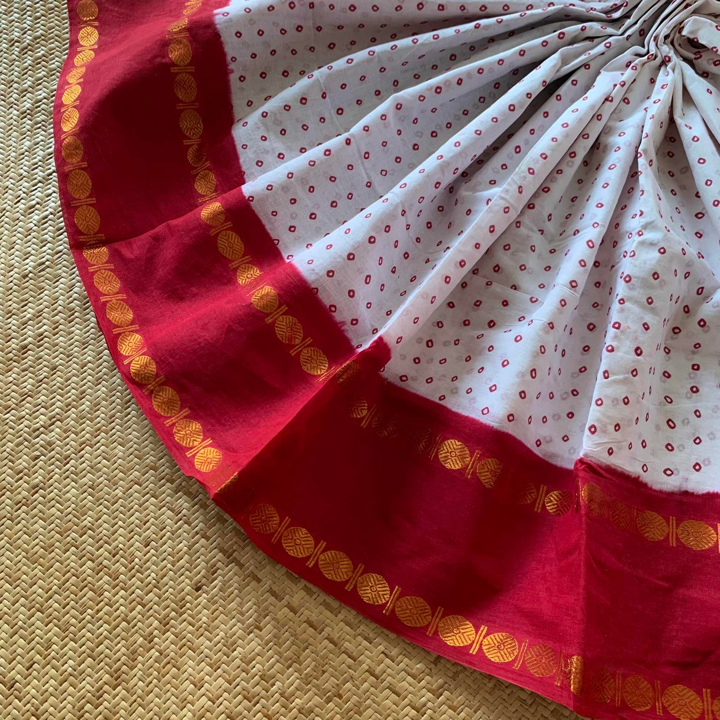 Red Rudraksham Border With Block Print, Sungudi Saree