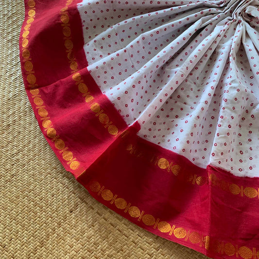 Red Rudraksham Border With Block Print, Sungudi Saree