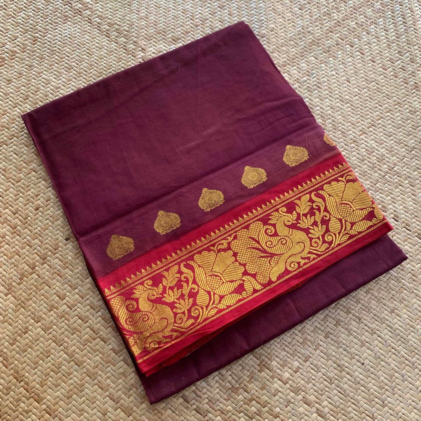 Brown Saree With Red Half Fine Zari Border, Clamp dyed (Kattu sayam).