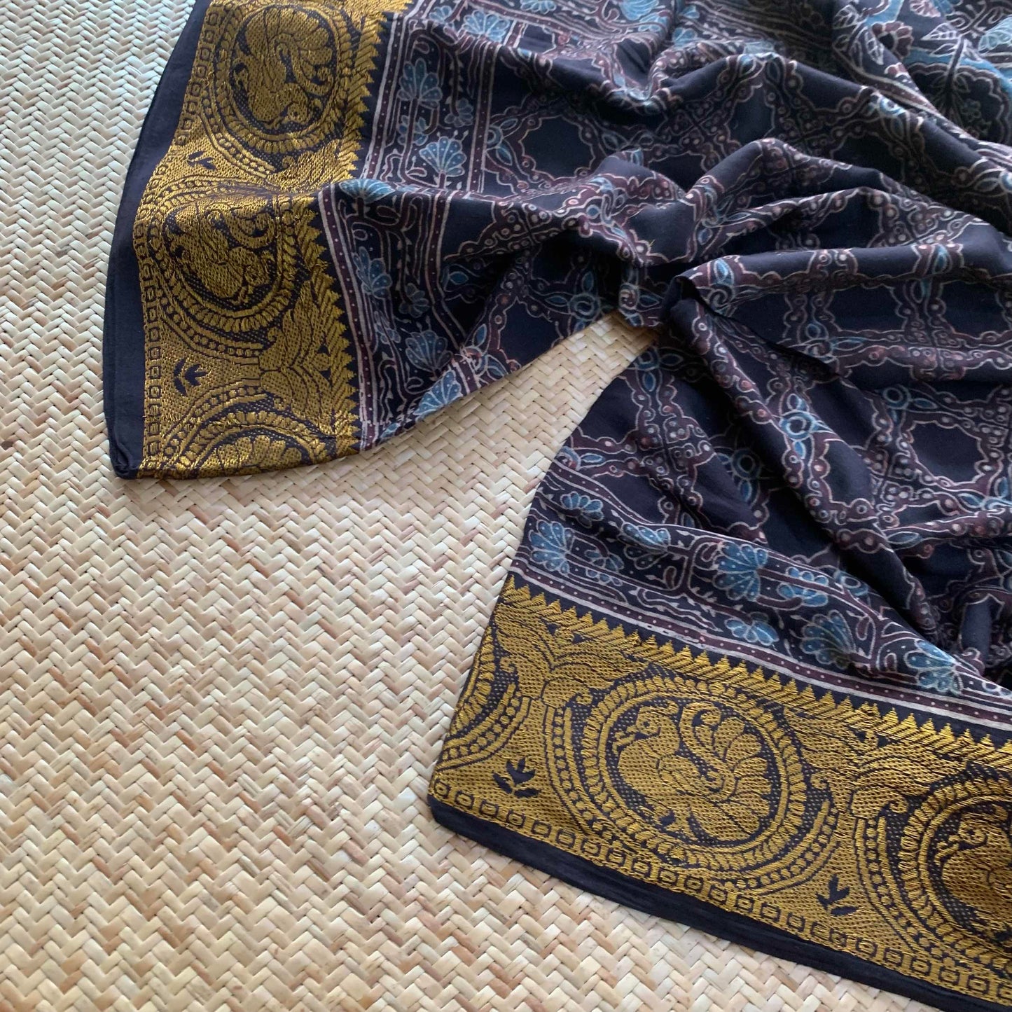 Black, Ajrak Hand Block Printed On Madurai Cotton Saree With Zari