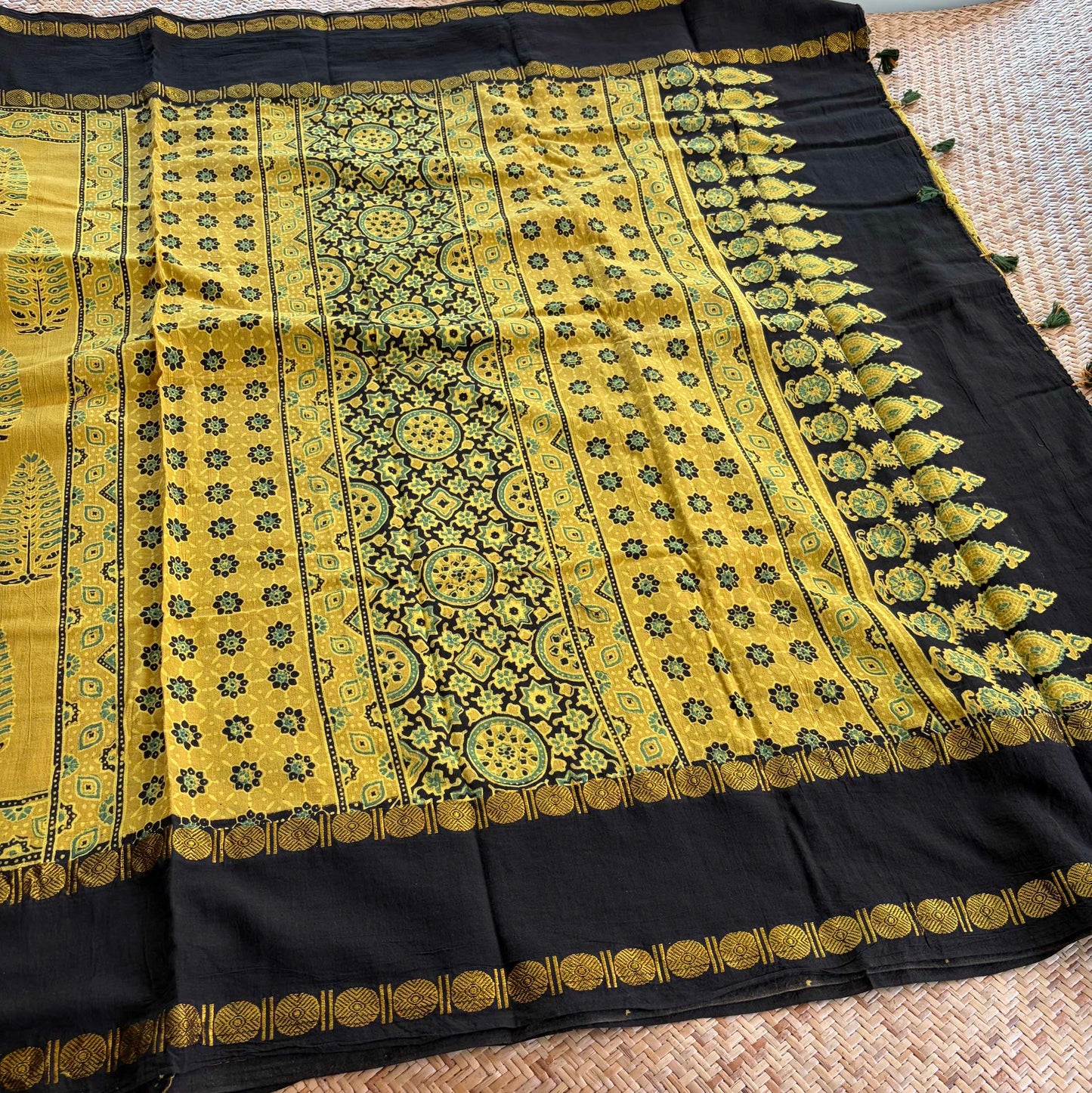 Mustard, Ajrak Hand Block Printed On Madurai Cotton Saree With Zari