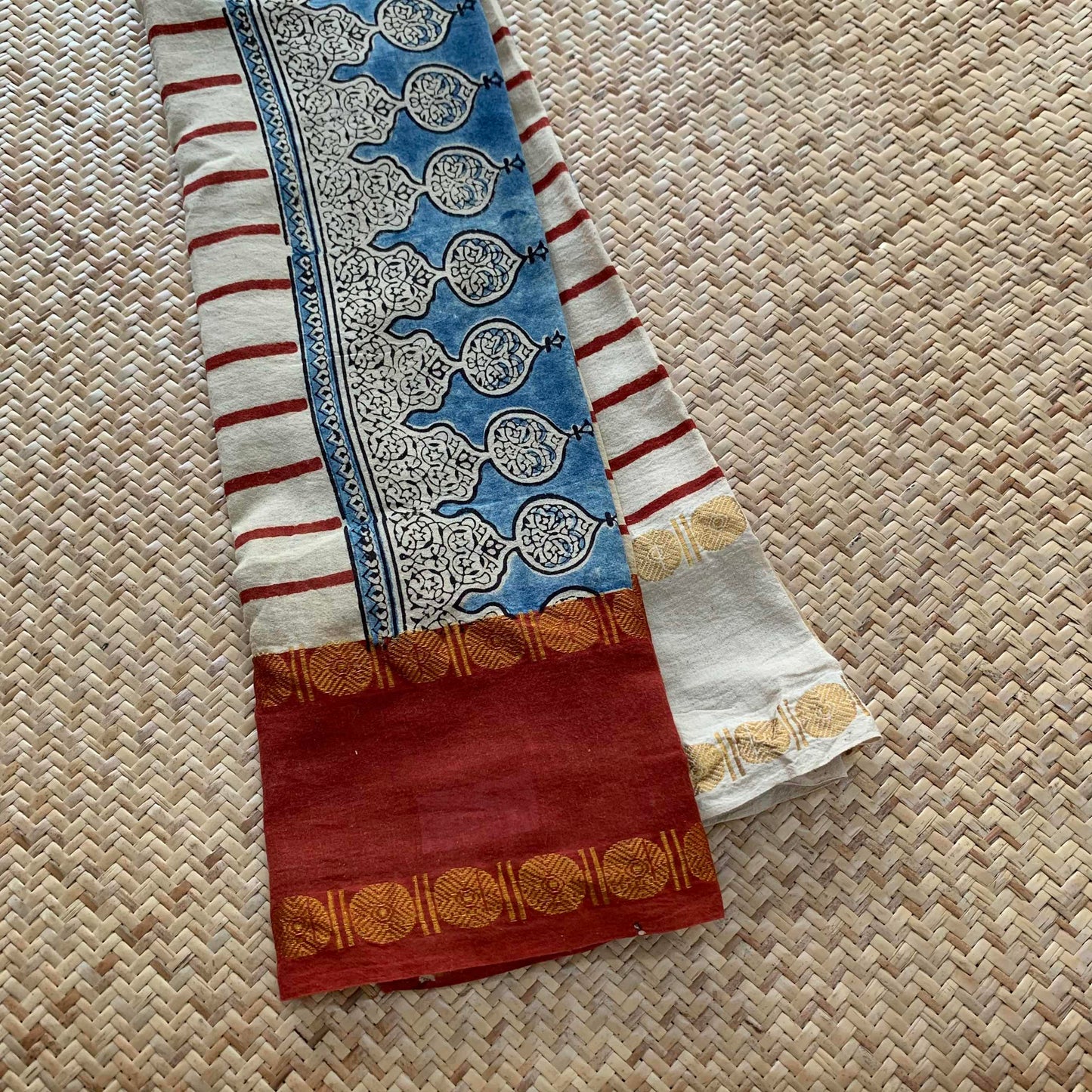 Cream , Natural Dyeing Ajrak Hand Block Printed Cotton Cut Fabric