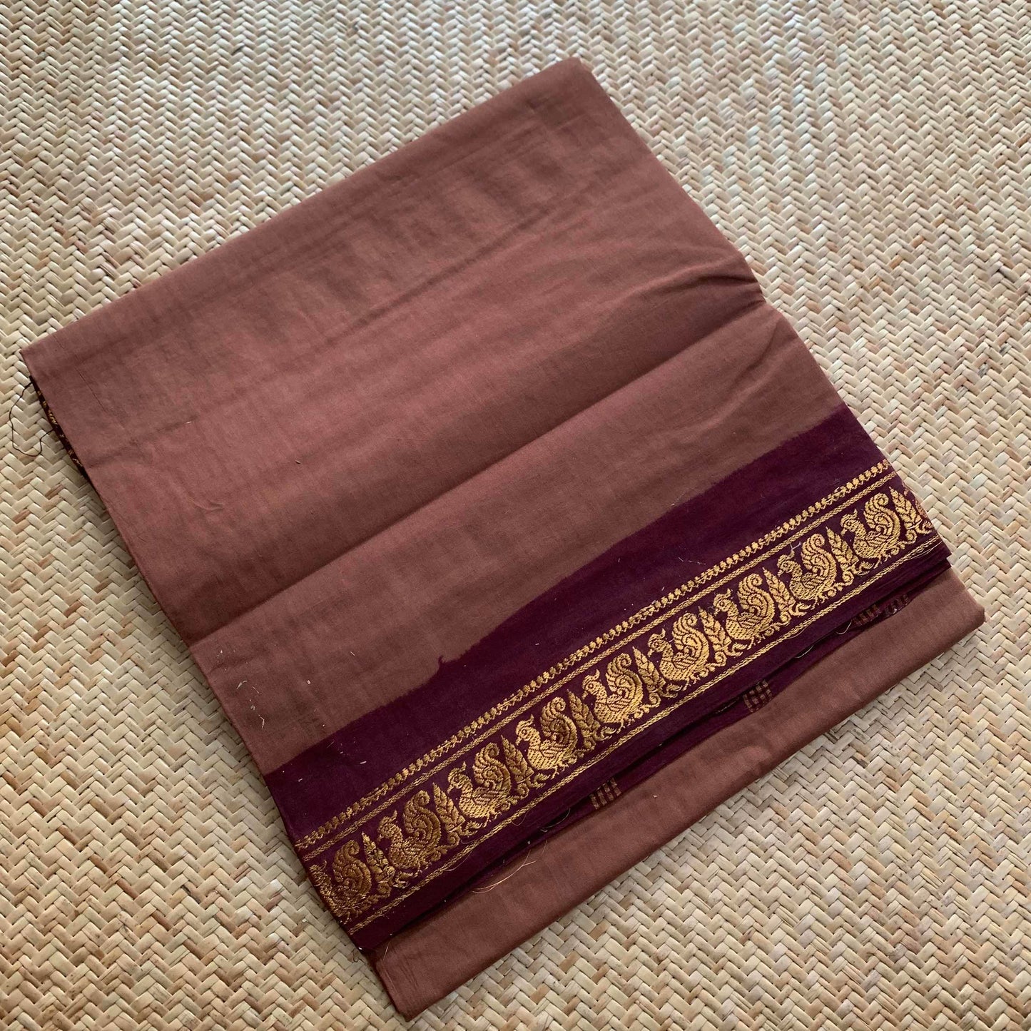 Chocolate Brown Saree With Beetle Nut Brown Half Fine Zari Border, Clamp dyed (Kattu sayam).