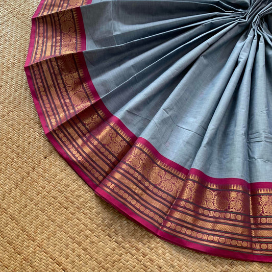 Chettinad Cotton Saree, Grey Saree with Pink Border