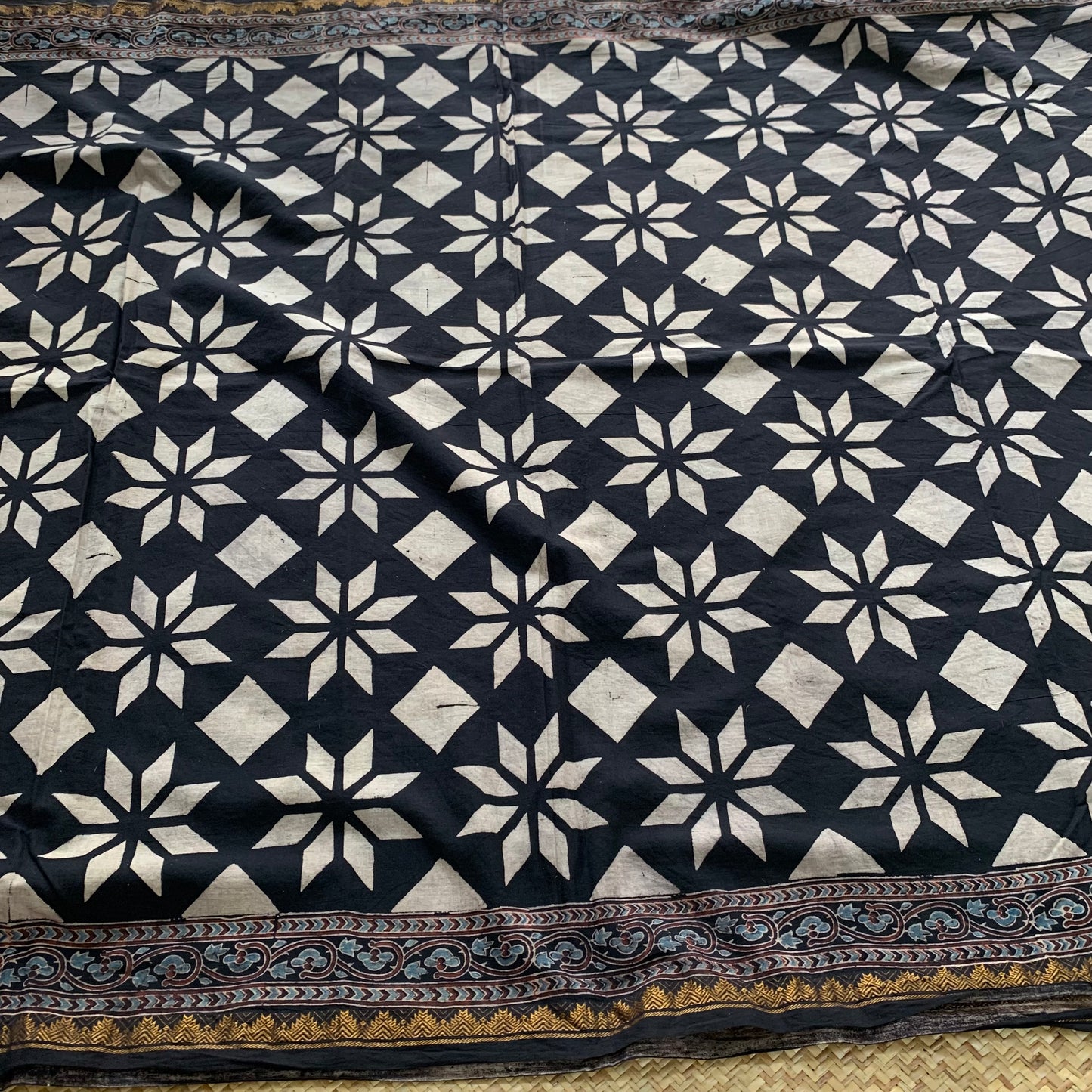 Athangudi Tiles- Charcoal, Ajrak Hand Block Printed On Madurai Cotton Saree With Zari