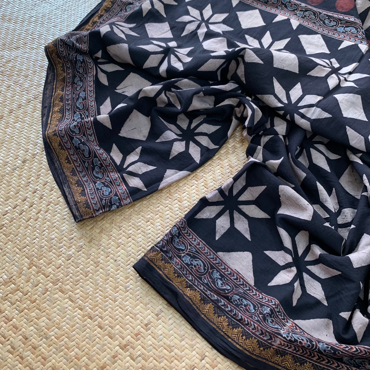 Athangudi Tiles- Charcoal, Ajrak Hand Block Printed On Madurai Cotton Saree With Zari