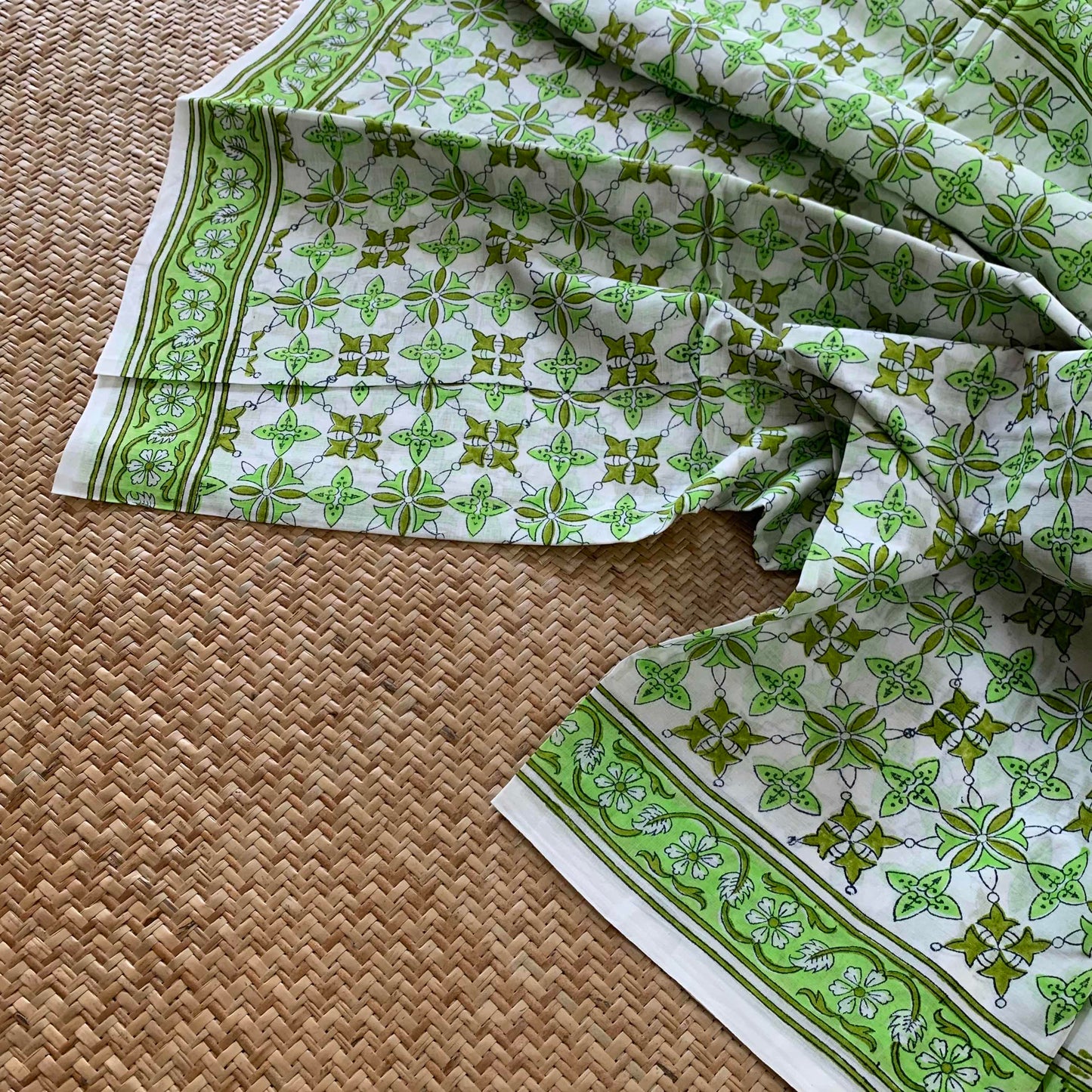 Mul Mul Cotton saree, Bagru Hand Block Printed, Green