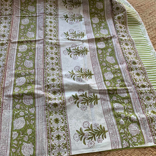 Mul Mul Cotton saree, Hand Block Printed, Green