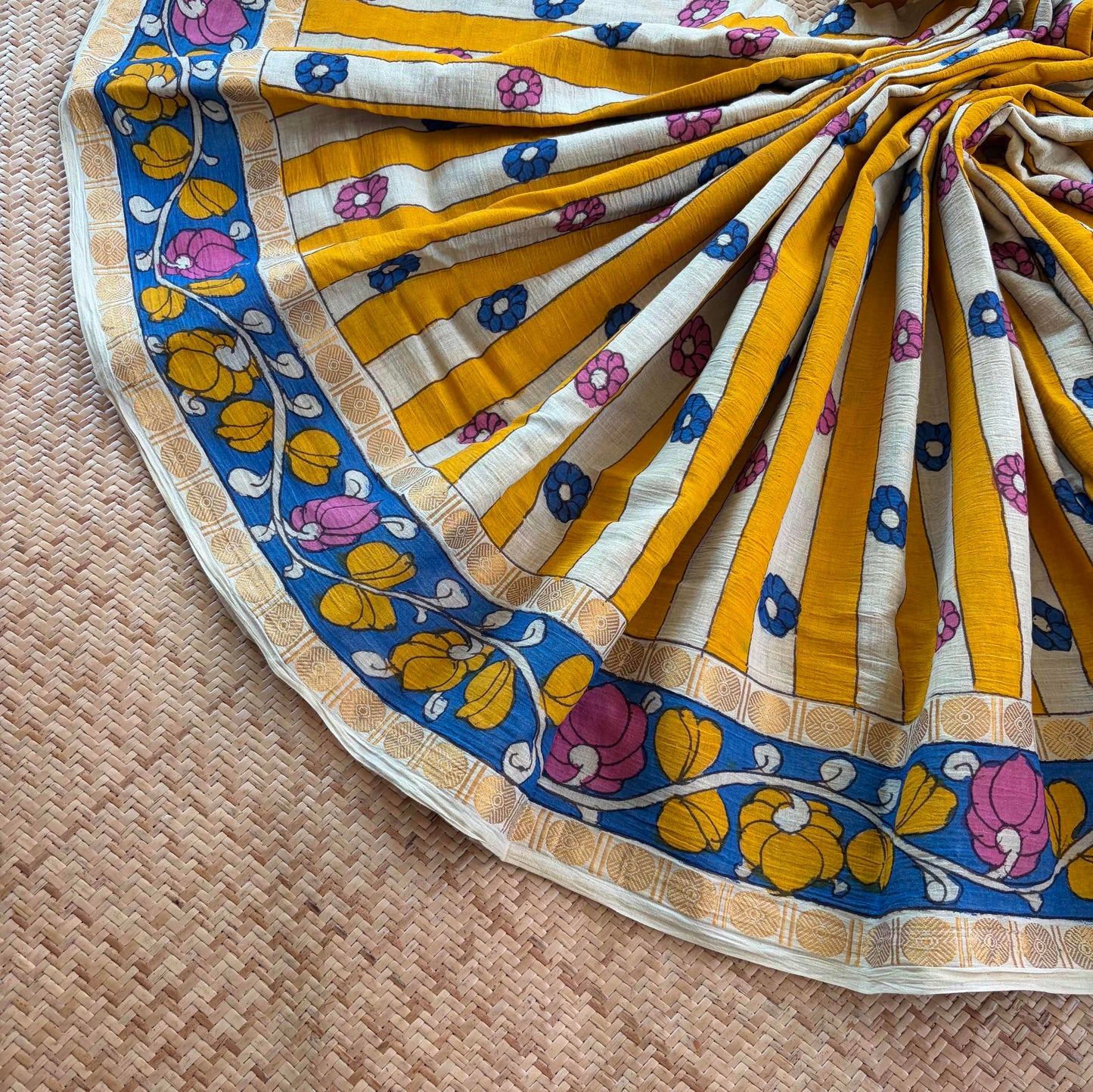 Yellow Strips Kalamkari Hand Painted on Cotton Sungudi Saree With Blouse