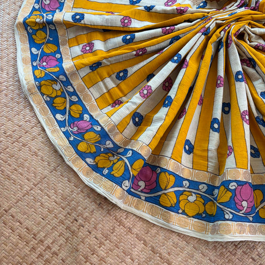Yellow Strips Kalamkari Hand Painted on Cotton Sungudi Saree With Blouse