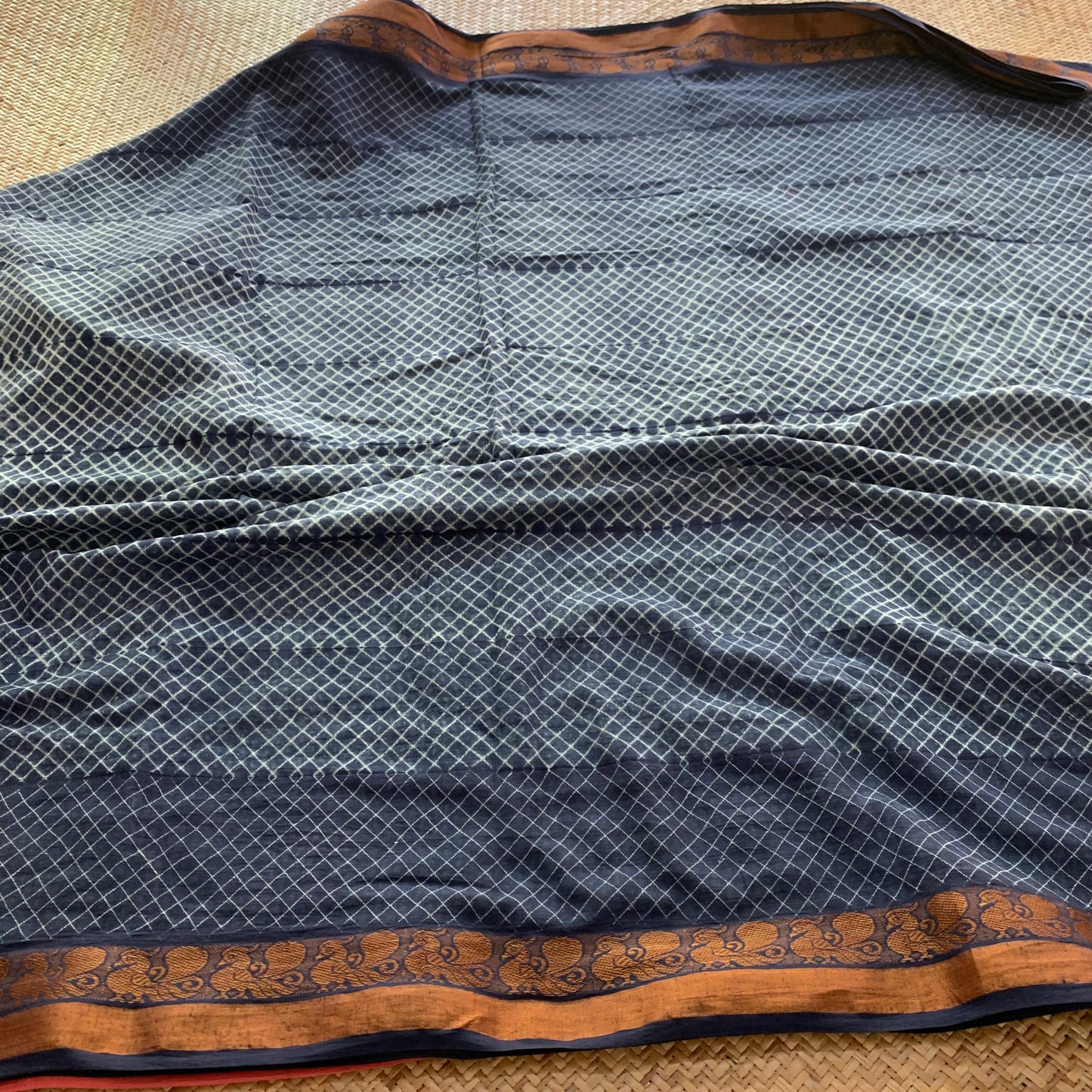 Blue with Salmon, Shibori Sungudi Cotton Saree