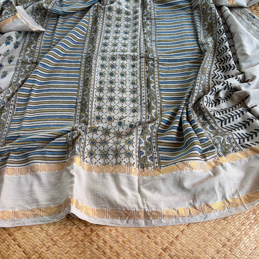 Pastel Grey, Ajrak Hand Block Printed On Madurai Cotton Saree With Zari