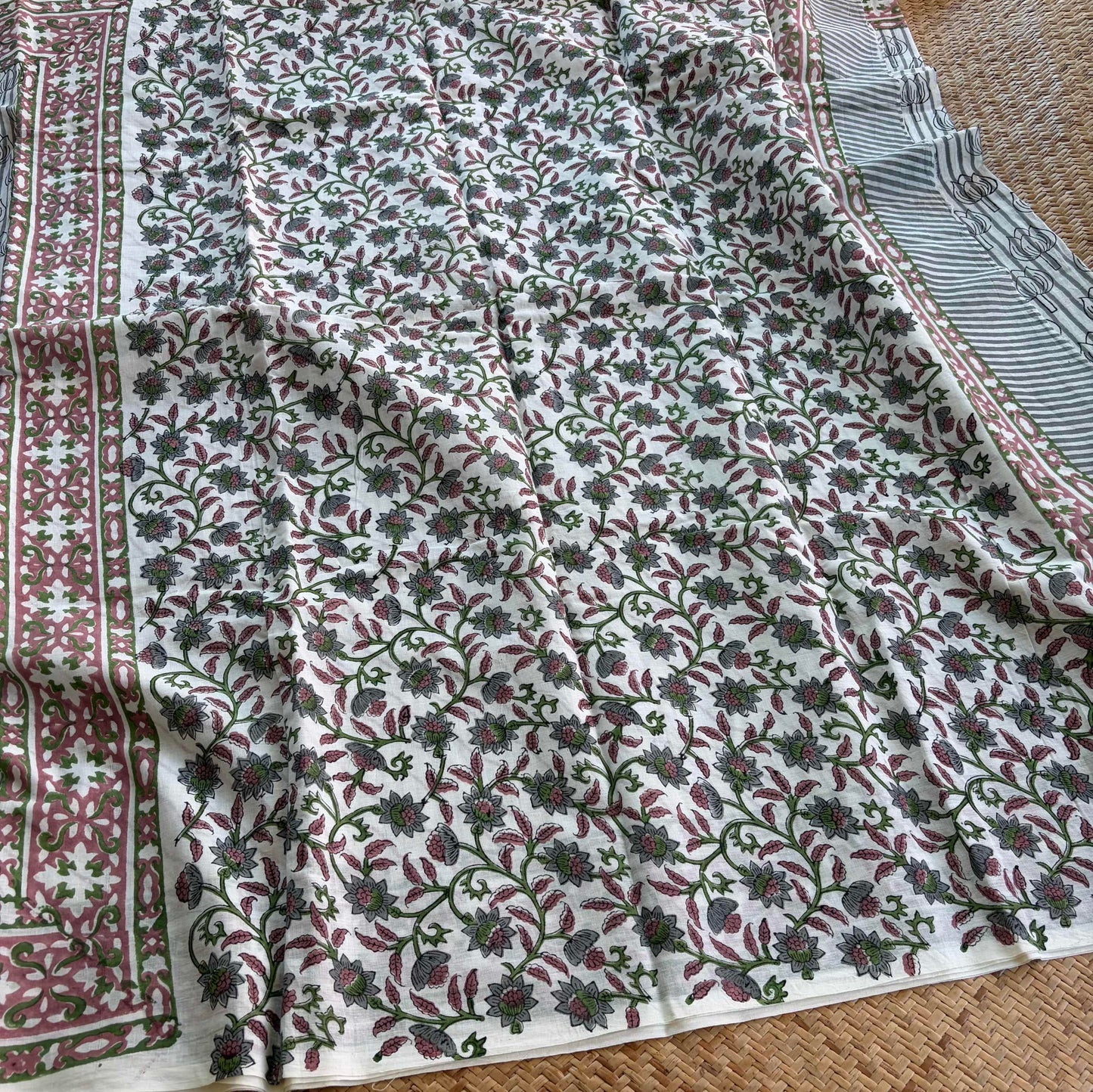 Mul Mul Cotton saree, Hand Block Printed, White