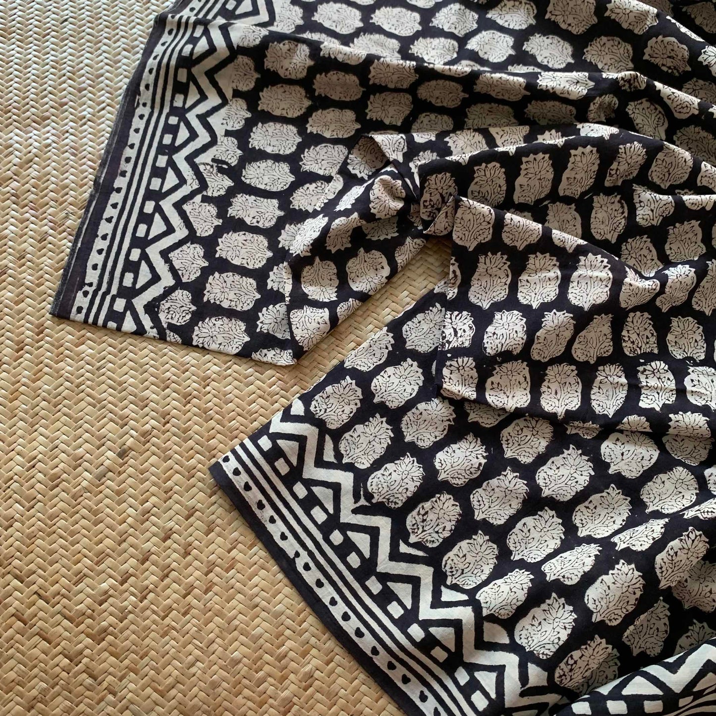 Mul Mul Cotton saree, Hand Block Printed, Black