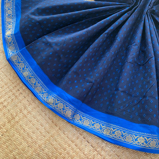 Navy  Saree With Blue Wax Print, Half Fine Zari Premium Sungudi Cotton Sarees