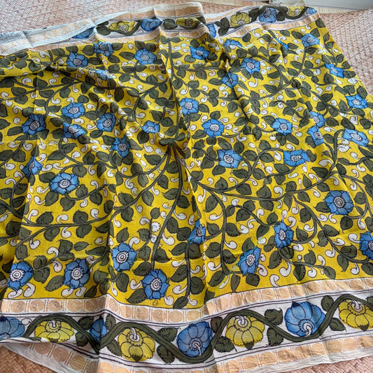 Yellow Floral, Kalamkari Hand Painted on a Madurai Sungudi Cotton 1.20 METER FABRIC