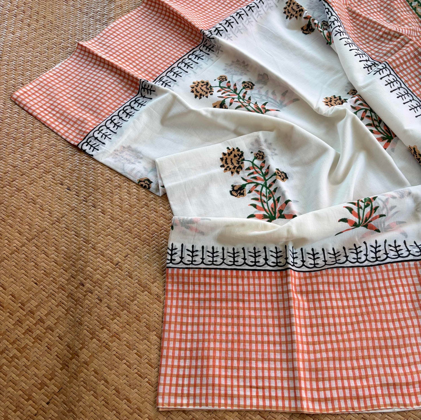 Mul Mul Cotton saree, Hand Block Printed, White