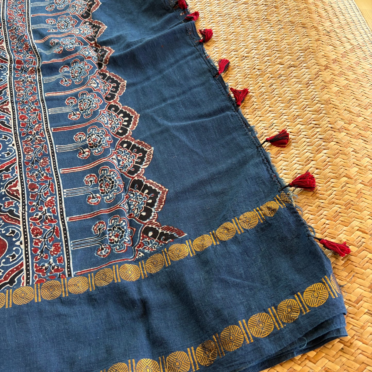 Indigo, Ajrak Hand Block Printed On Madurai Cotton Saree With Zari