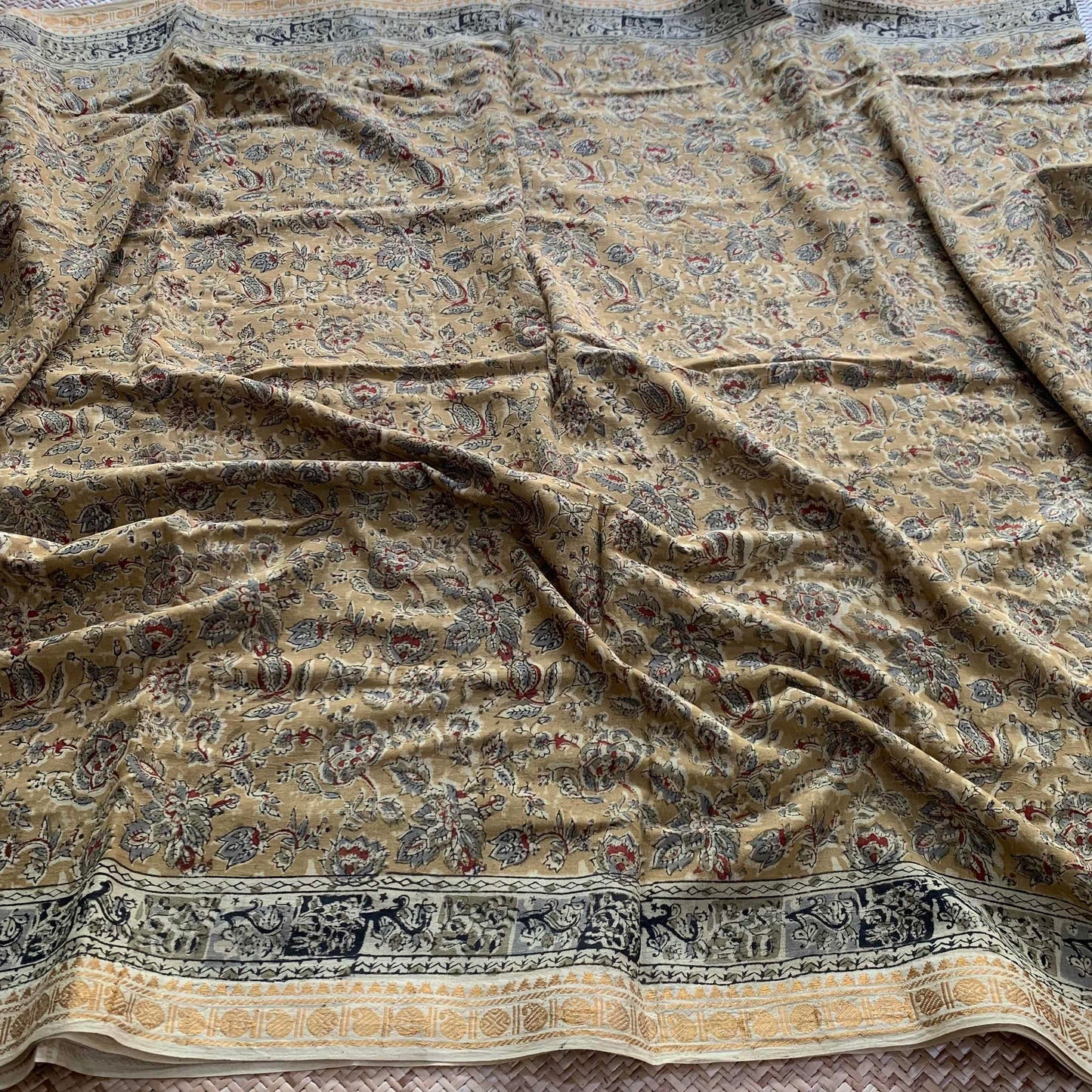 Mustard , Kalamkari Hand Block Printed On Madurai Cotton Saree With Zari