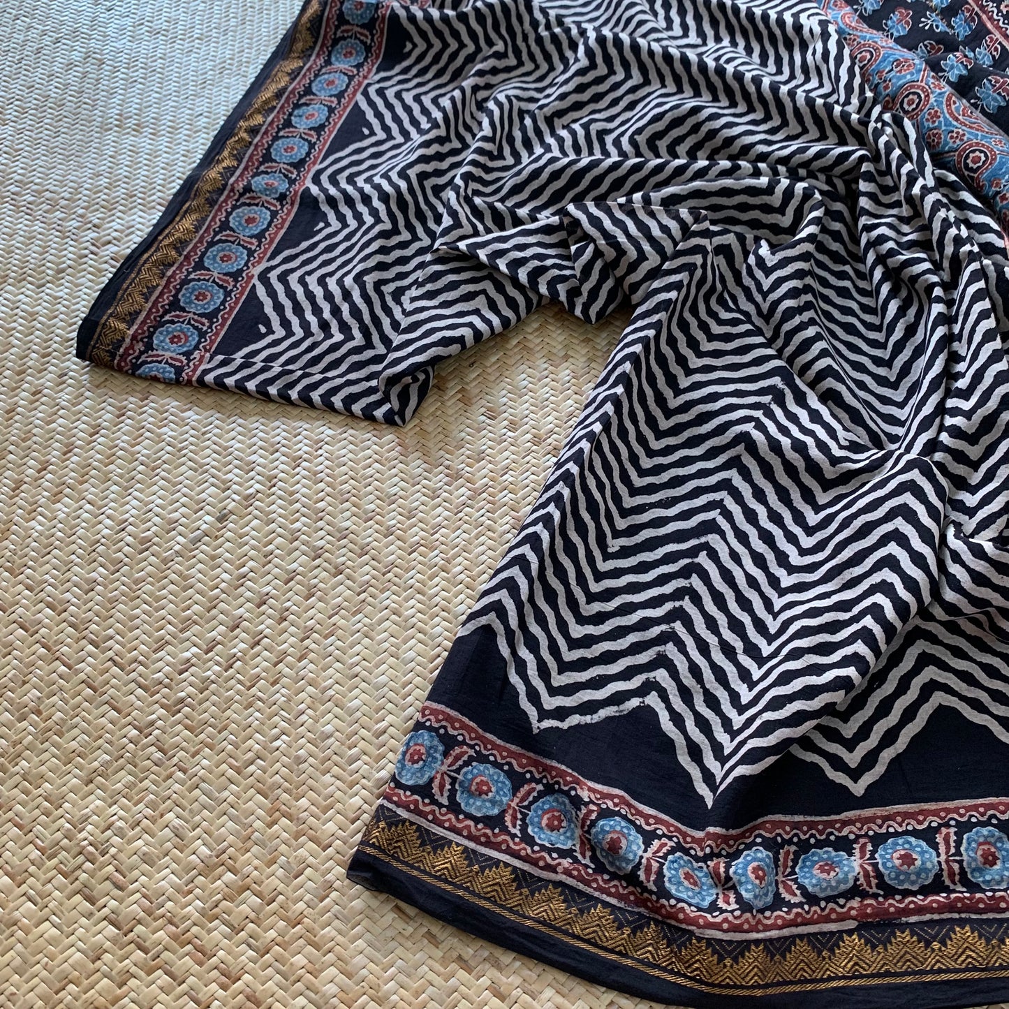 Herringbone , Ajrak Hand Block Printed On Madurai Cotton Saree With Zari