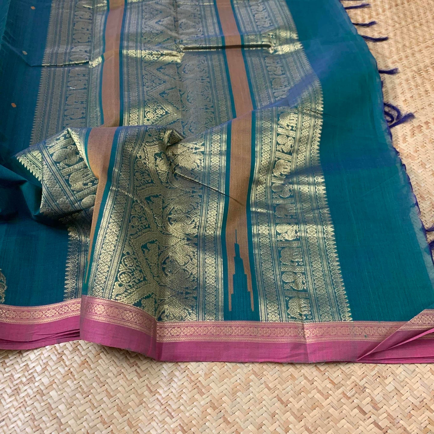 Kanchipuram Cotton Saree, Handwoven Blue Double Tone Saree with Pink Border and Grand Pallu