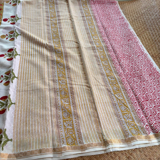 White, Jaipur Hand Block Printed On Madurai Cotton Saree With Zari