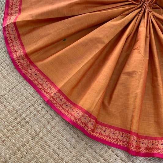 Chettinad Cotton Saree, Orange  Saree with Thread Border