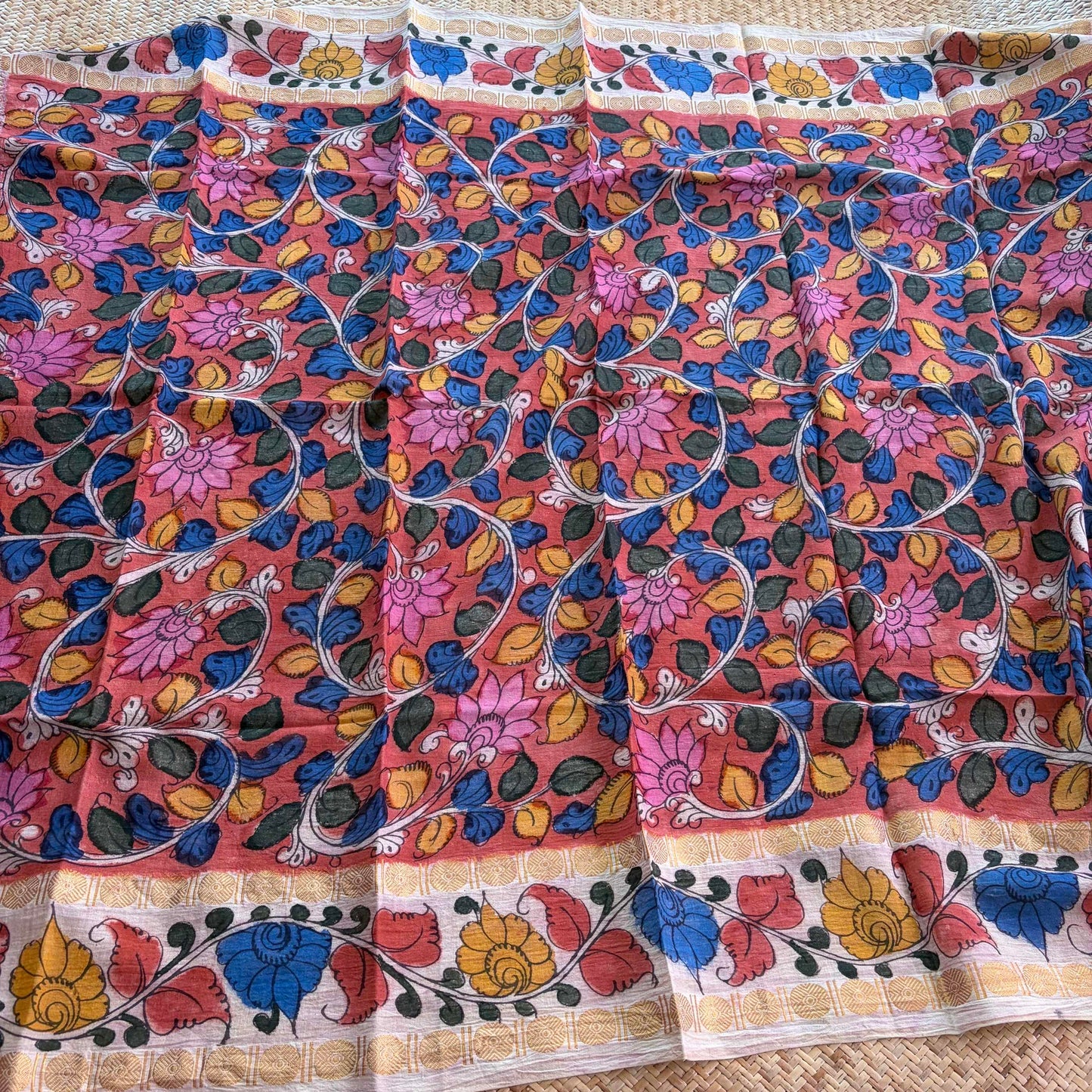 Red Floral, Kalamkari Hand Painted on a Madurai Sungudi Cotton 1.20 METER FABRIC