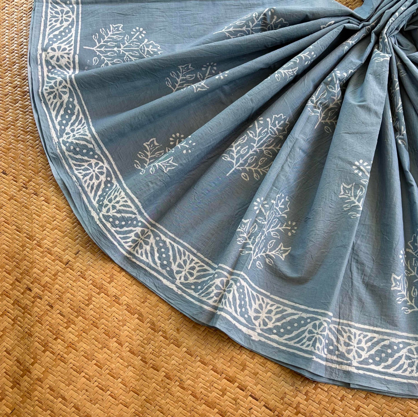 Mul Mul Cotton saree, Hand Block Printed, Powder Blue