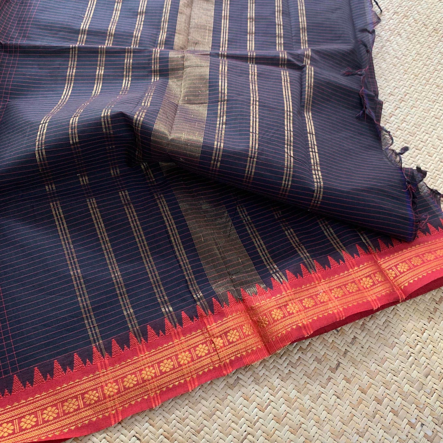 Chettinad Cotton Saree, Black Saree with Red Border