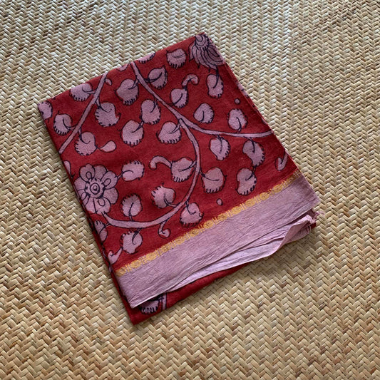 Maroon Floral, Kalamkari Hand Painted on a Madurai Sungudi Cotton CUT FABRIC