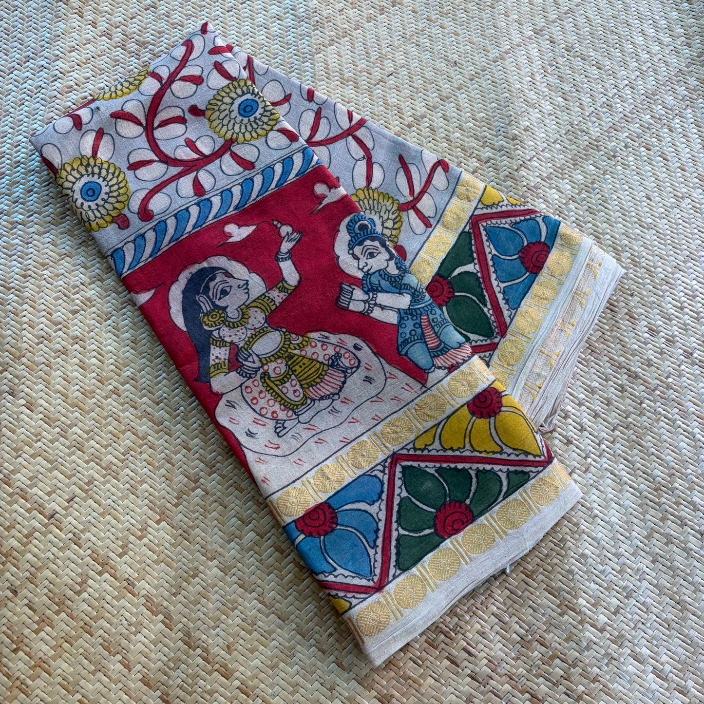 Ramayana Kalamkari Hand Painted on Cotton Sungudi Saree With Blouse