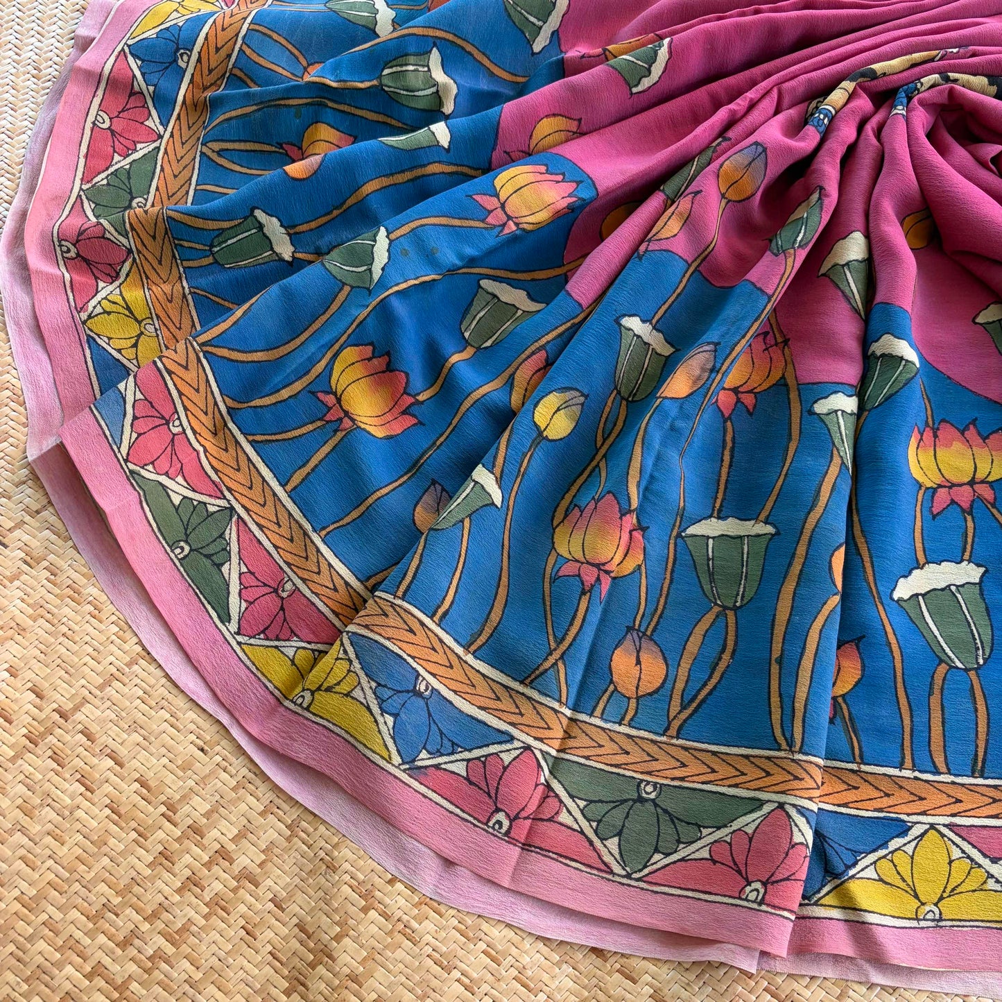 Multicoloured Kalamkari Hand Painted on Crape silk