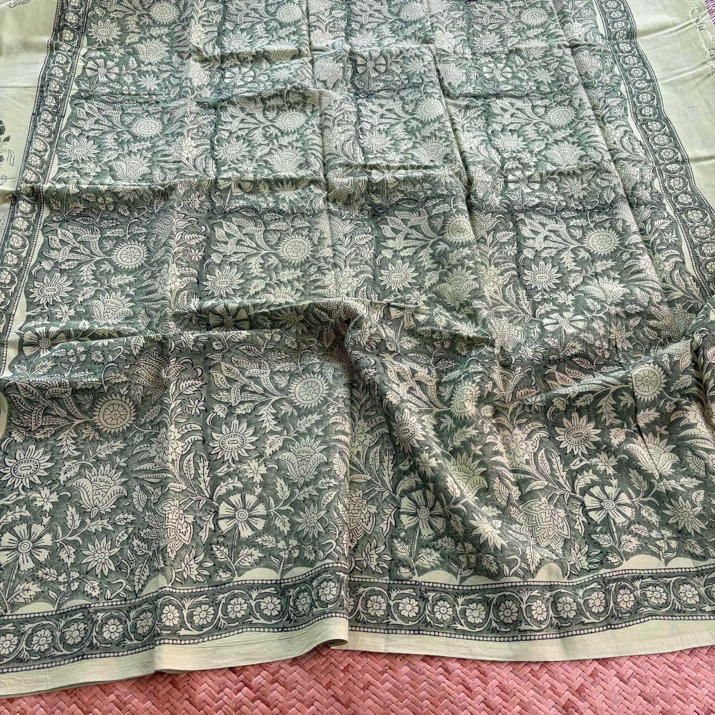Mul Mul Cotton saree, Hand Block Printed, Pastel Green