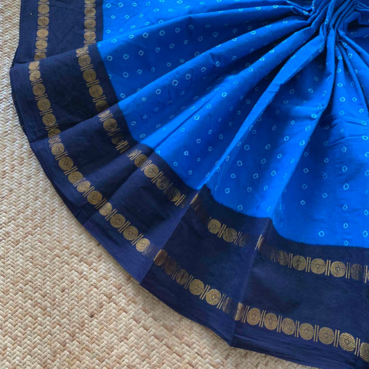 Blue Saree With Navy Border, Hand knotted Sungudi On a Rudraksham Border Cotton saree, Kaikattu Sungadi