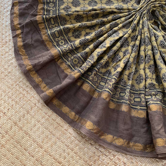 Taupe, Ajrak Hand Block Printed On Madurai Cotton Saree With Zari