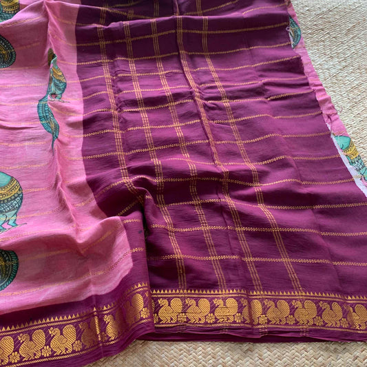 Classic Parrot- Kalamkari Hand Painted on a Madurai Velthari Sungudi Cotton saree.