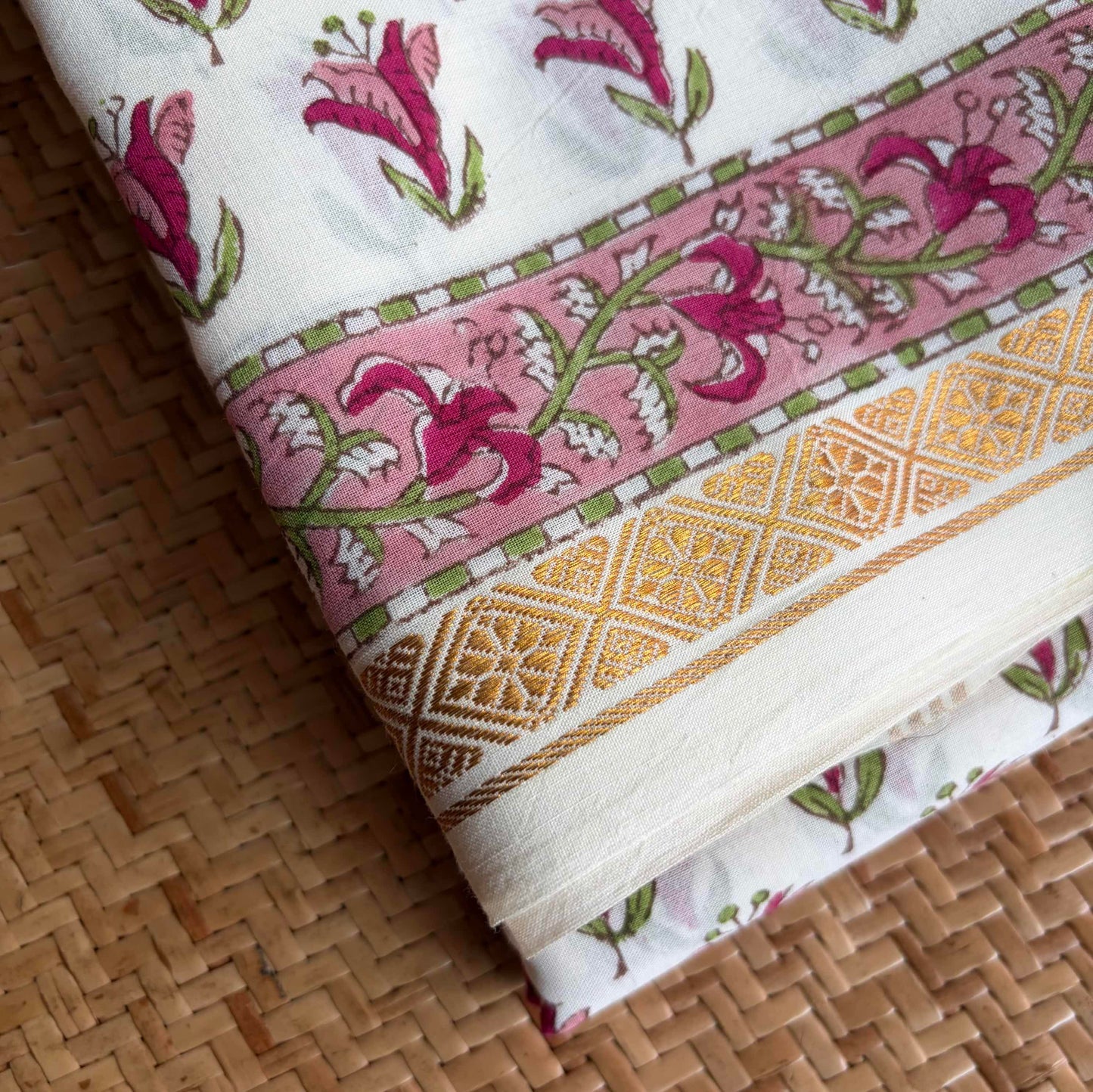 White, Jaipur Hand Block Printed On Madurai Cotton Saree With Zari