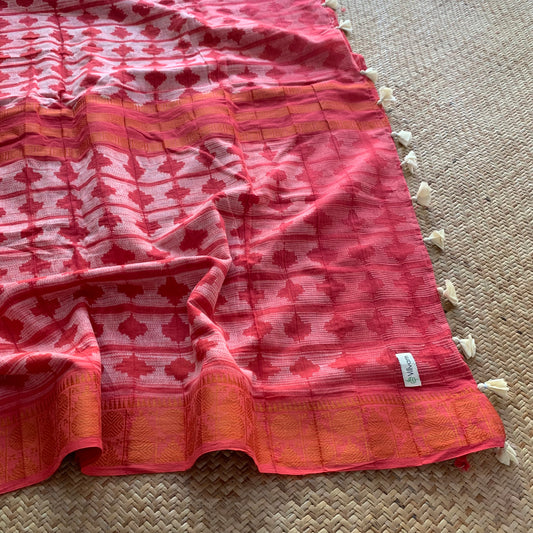 Salmon Pink, Hand Crafted Shibori Sungudi Cotton Saree