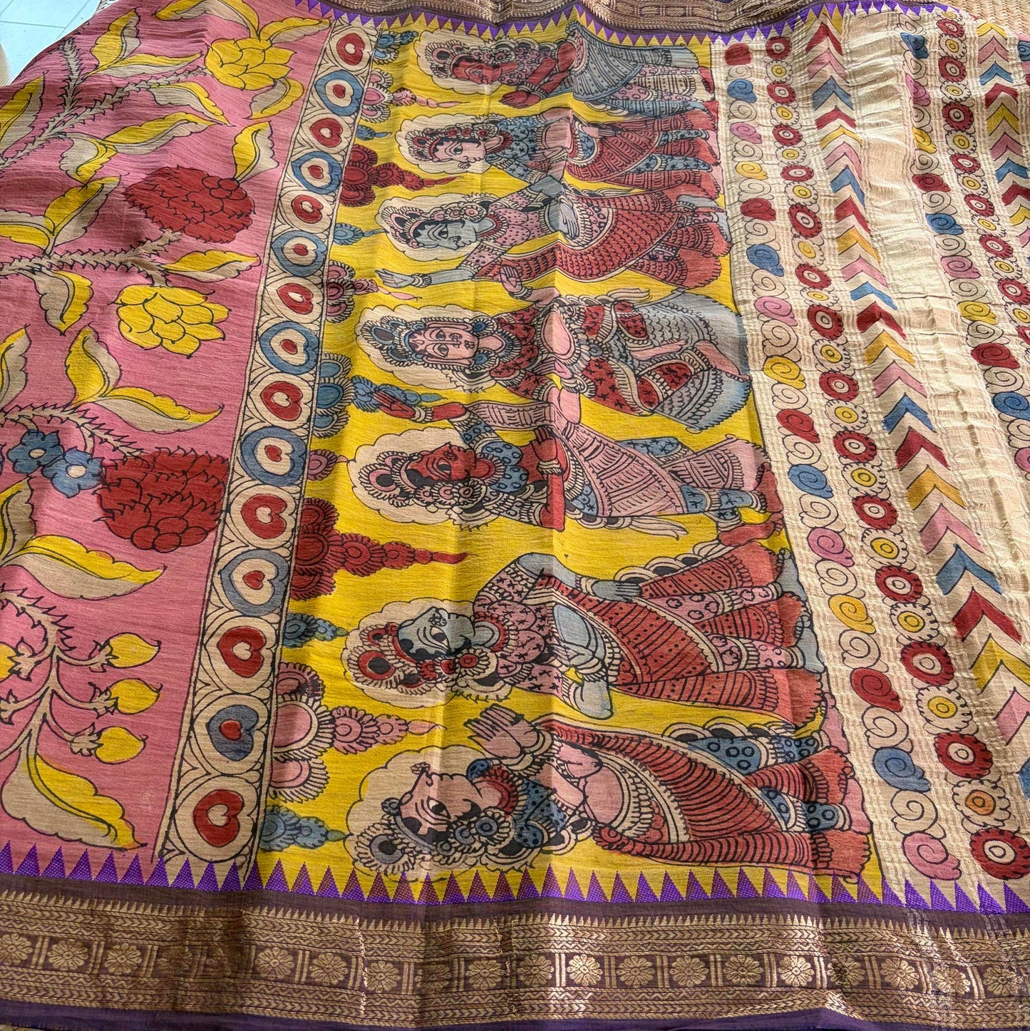 Pink, Kalamkari Hand Painted on Chettinad Cotton saree