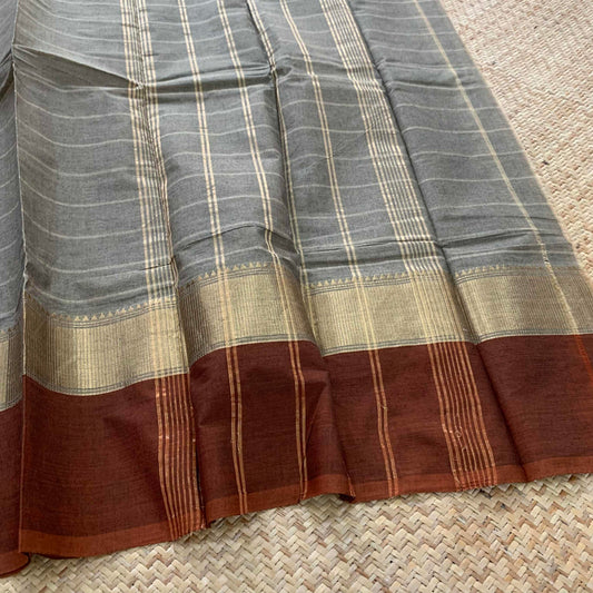 Chettinad Cotton Saree, Grey Saree With Zari Border